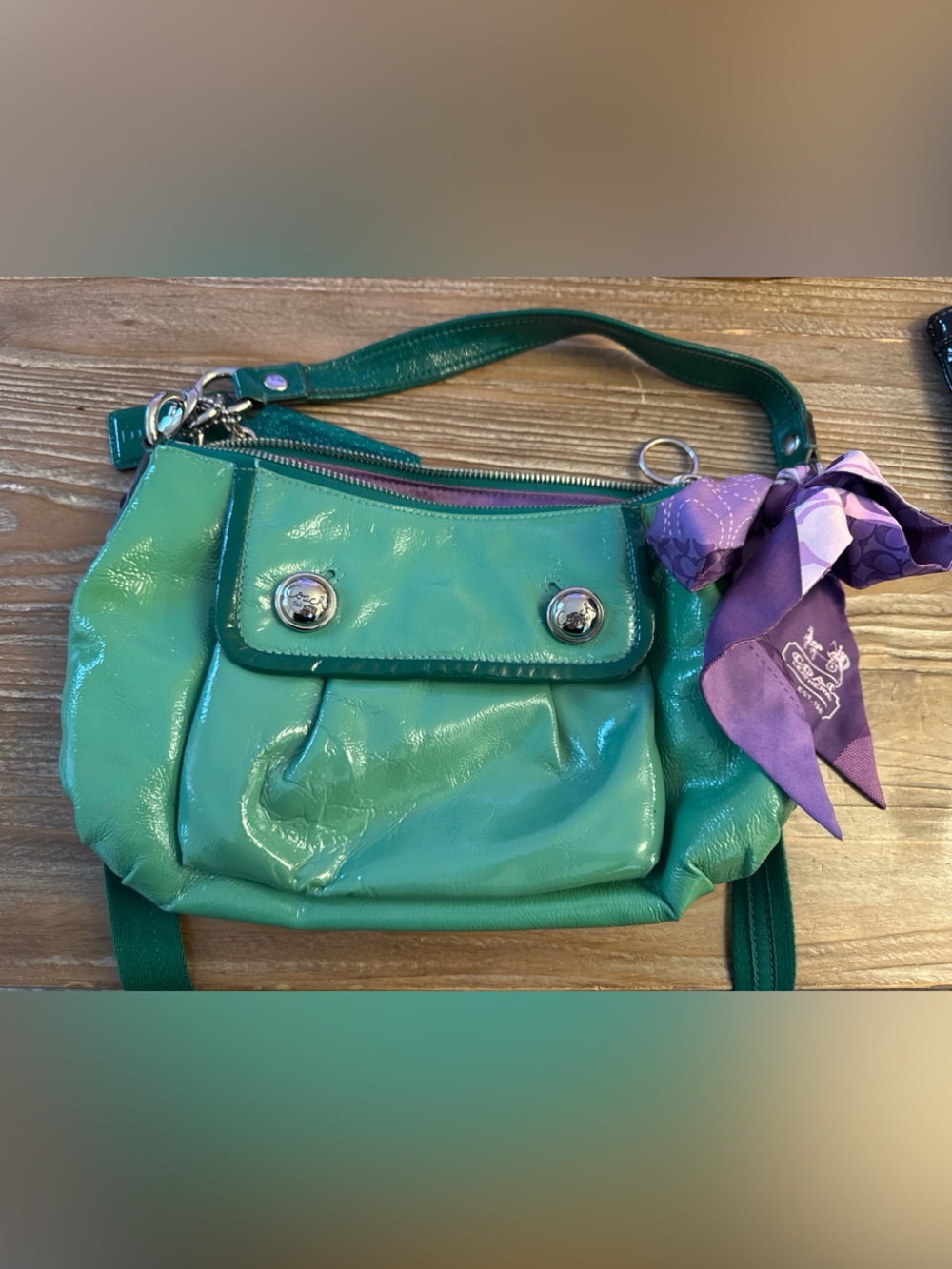 Coach Green Patent Leather Crossbody Bag Silver Button Statement